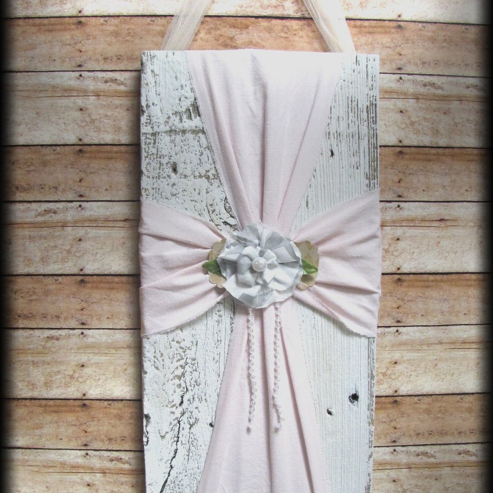 Cross Wooden Farmhouse Fabric pink shabby chic - Picture 2 of 5